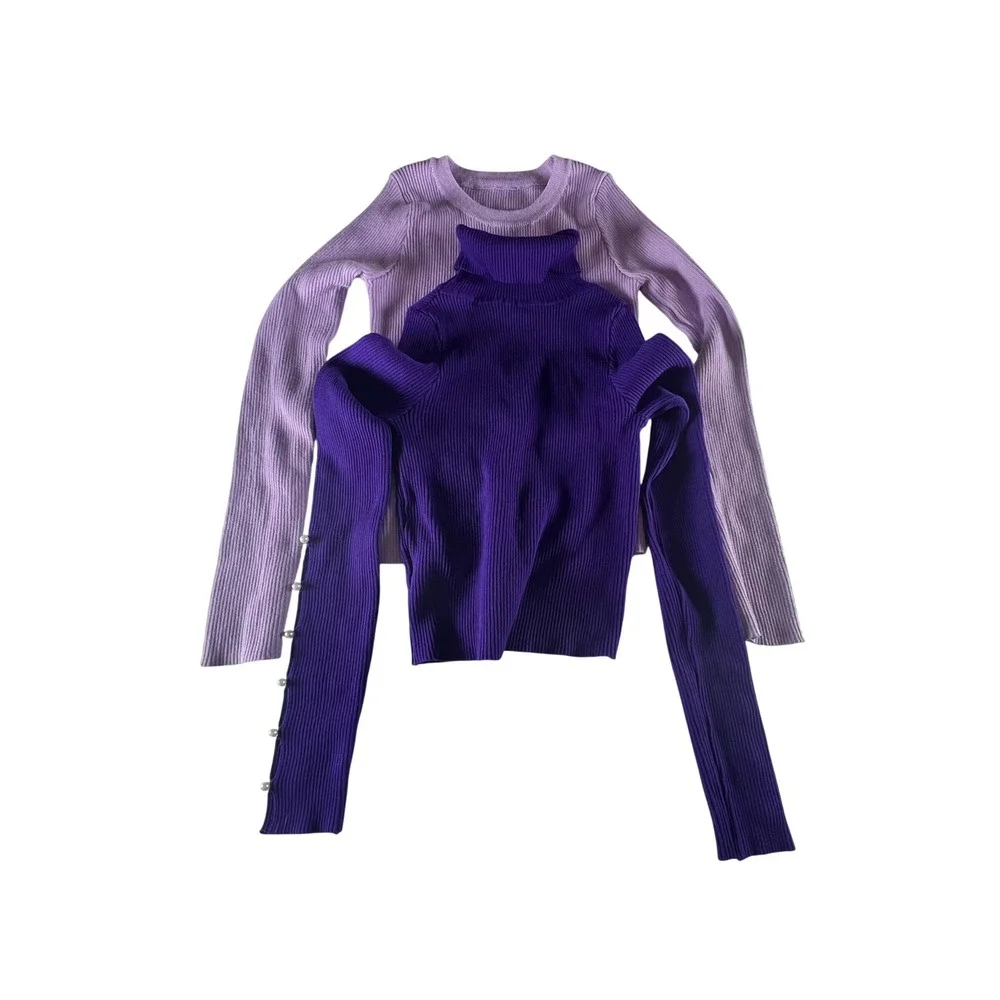 SHEIN Purple & Lilac Ribbed Turtleneck Sweater Set Pearl Button Detail Size XS/S